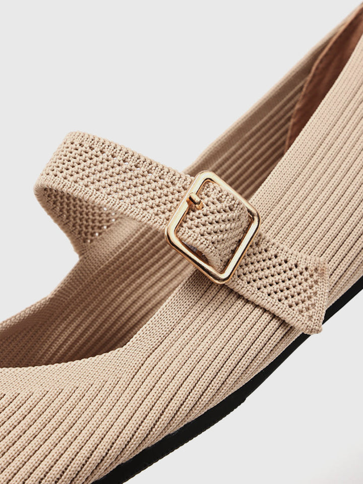 Women’s Square Toe Strap Flats with Ribbed Upper