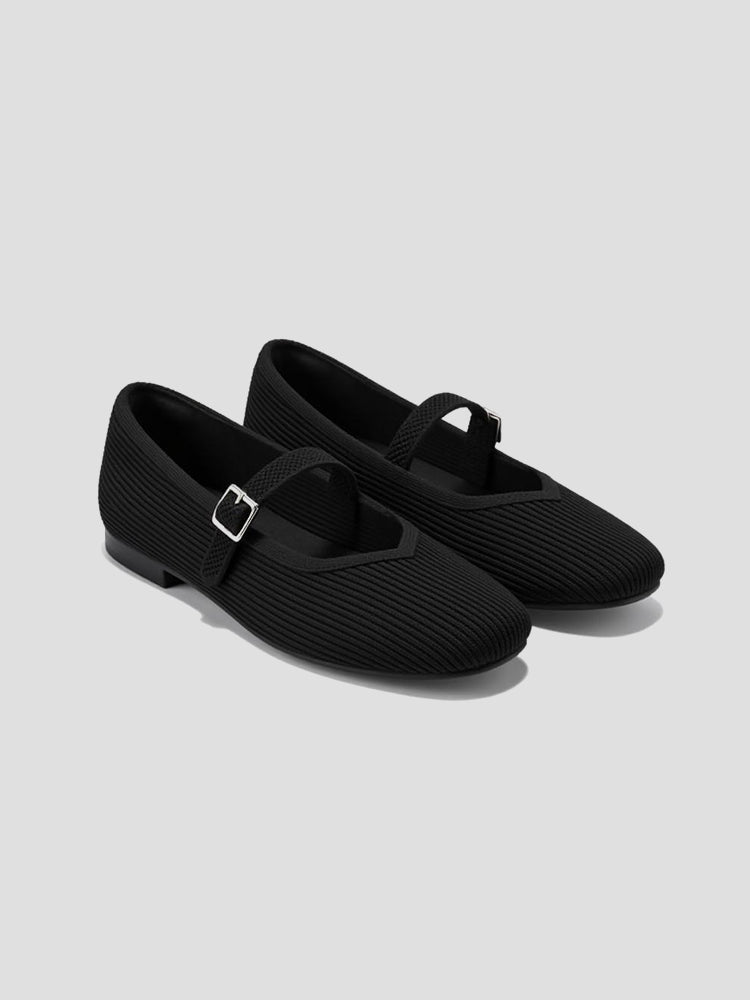Women’s Square Toe Strap Flats with Ribbed Upper