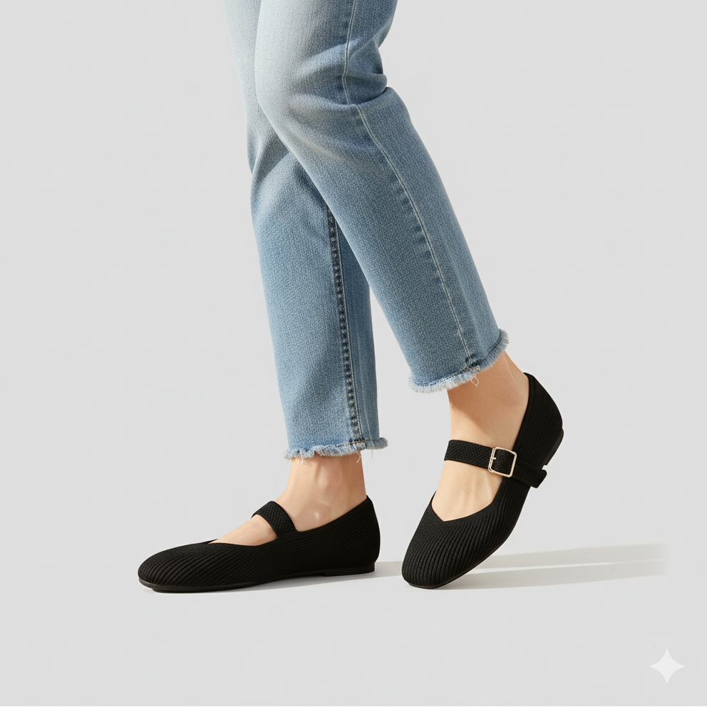 Women’s Square Toe Strap Flats with Ribbed Upper