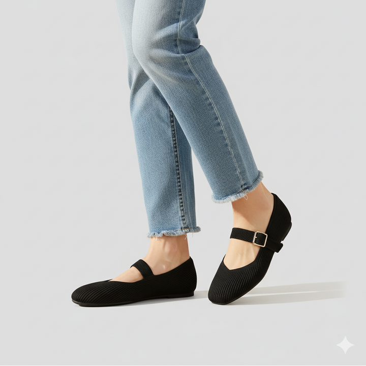 Women’s Square Toe Strap Flats with Ribbed Upper