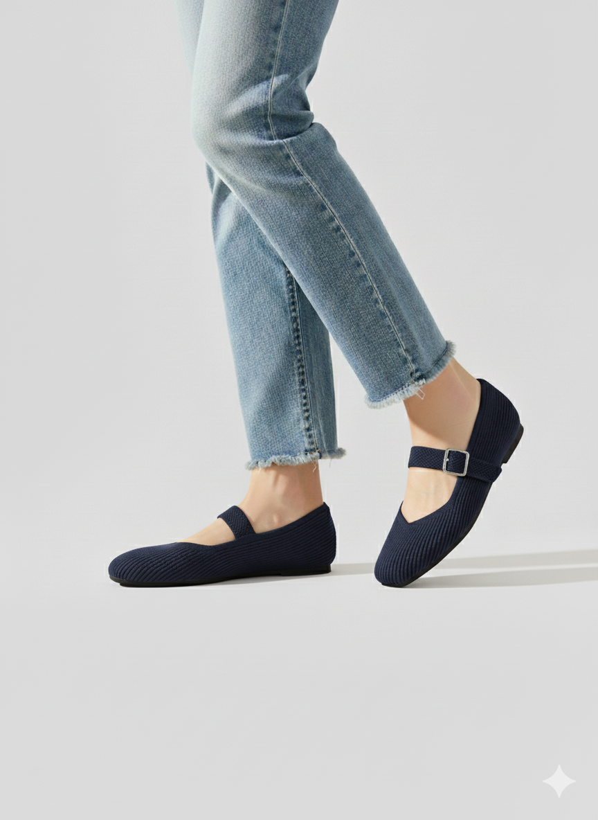 Women’s Square Toe Strap Flats with Ribbed Upper