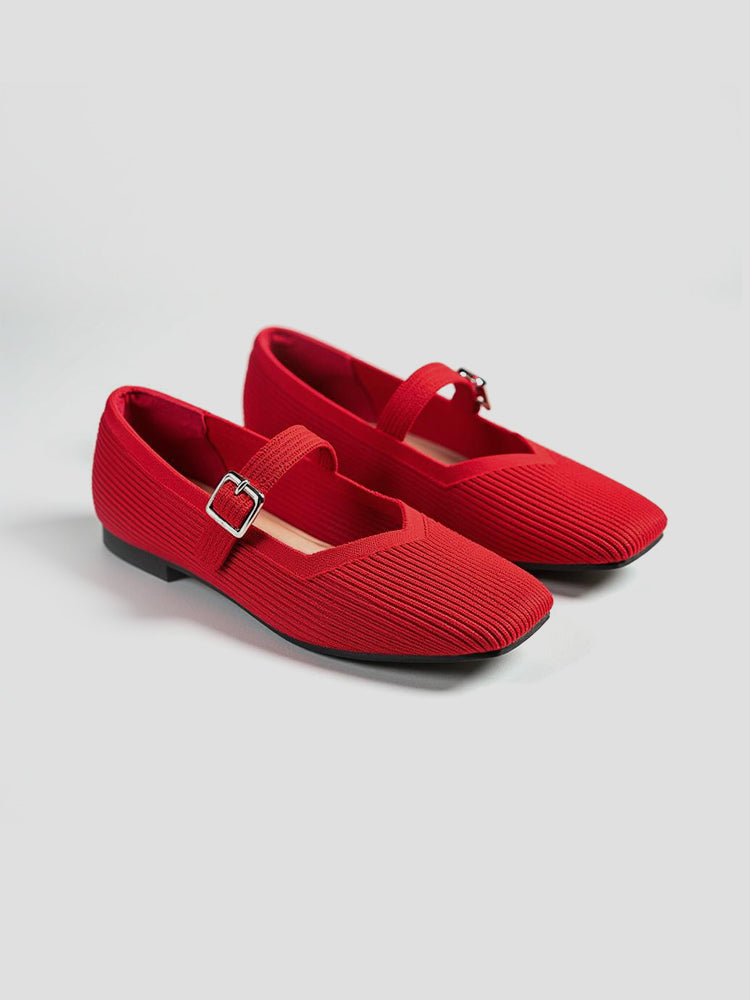 Women’s Square Toe Strap Flats with Ribbed Upper
