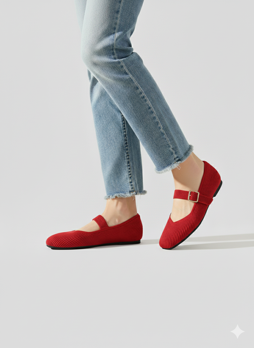 Women’s Square Toe Strap Flats with Ribbed Upper