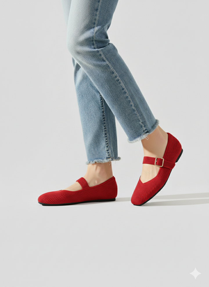 Women’s Square Toe Strap Flats with Ribbed Upper