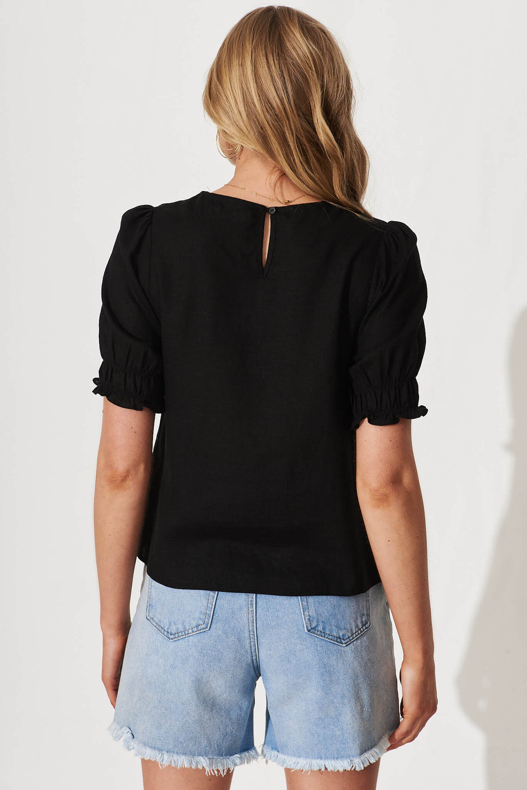 Women's Puff Sleeve Top with Round Neck and Back Keyhole