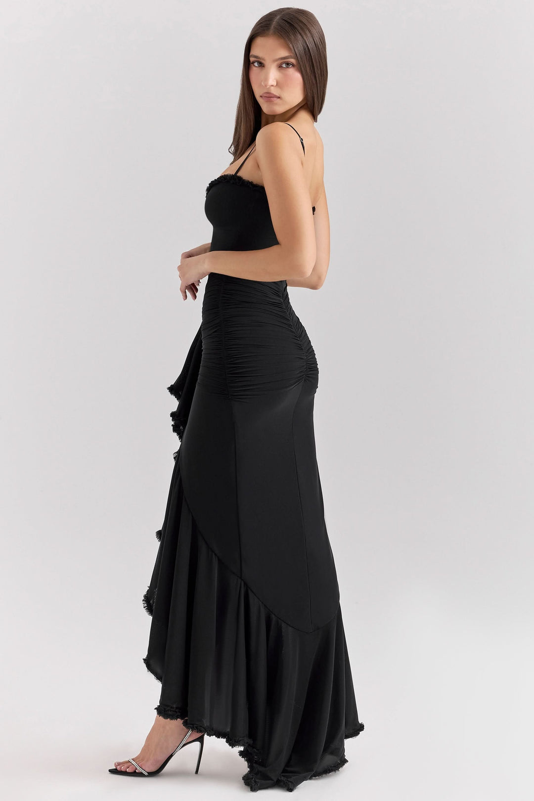 Women's Ruched Maxi Dress with Ruffle Trim and Front Drape