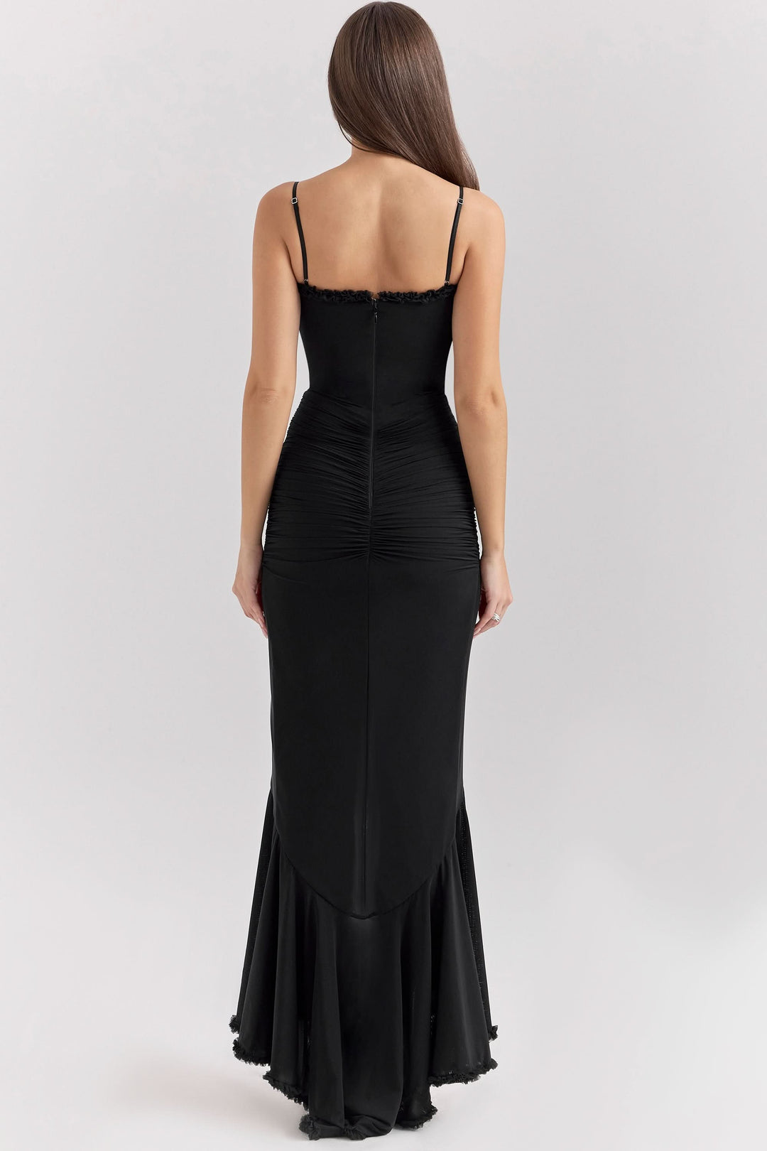 Women's Ruched Maxi Dress with Ruffle Trim and Front Drape