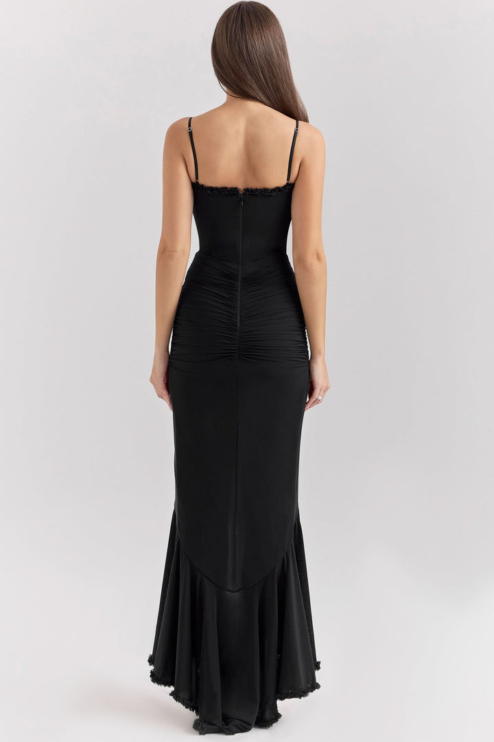 Women's Ruched Maxi Dress with Ruffle Trim and Front Drape