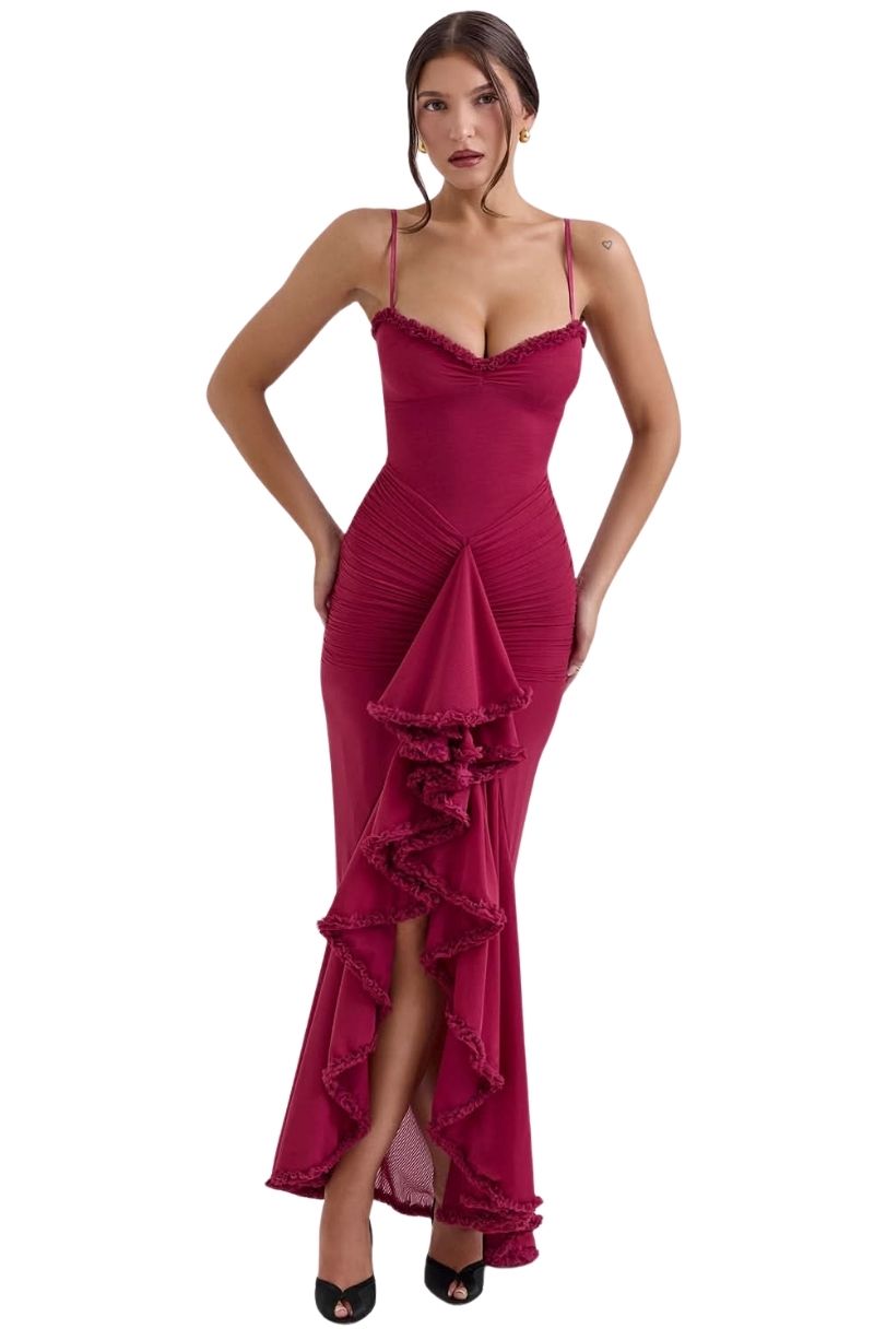 Women's Ruched Maxi Dress with Ruffle Trim and Front Drape
