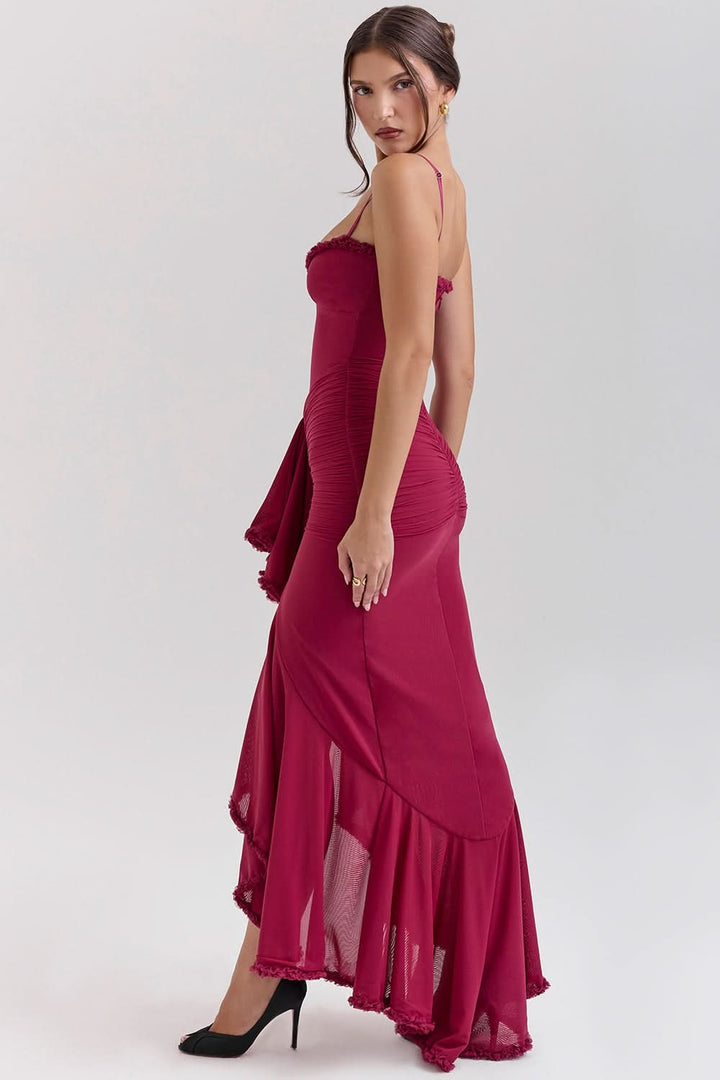 Women's Ruched Maxi Dress with Ruffle Trim and Front Drape