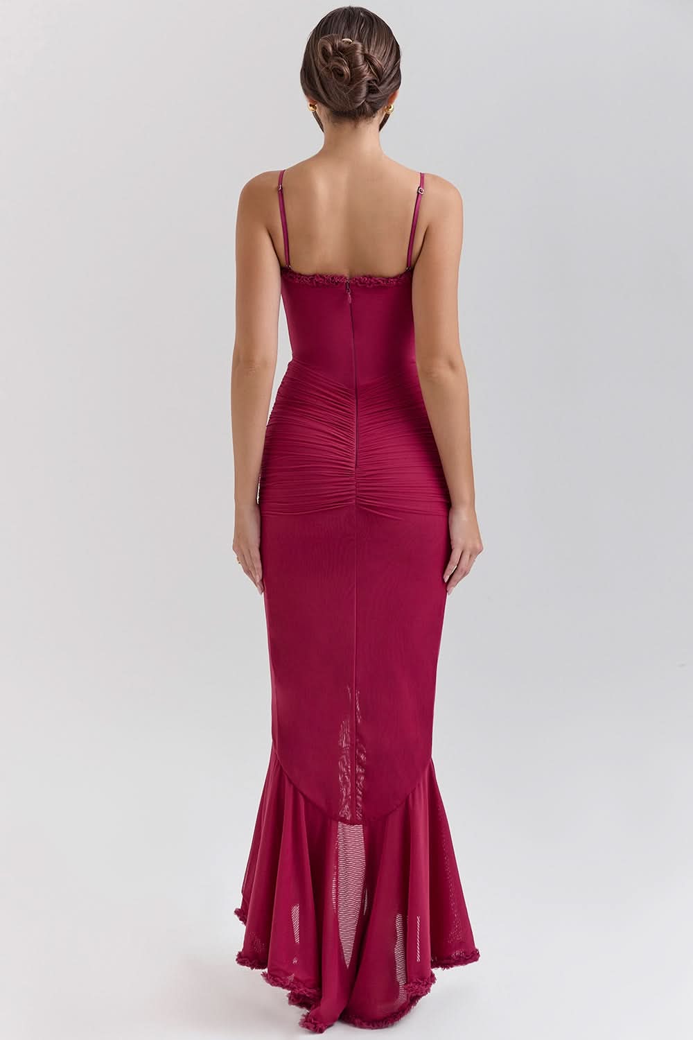 Women's Ruched Maxi Dress with Ruffle Trim and Front Drape