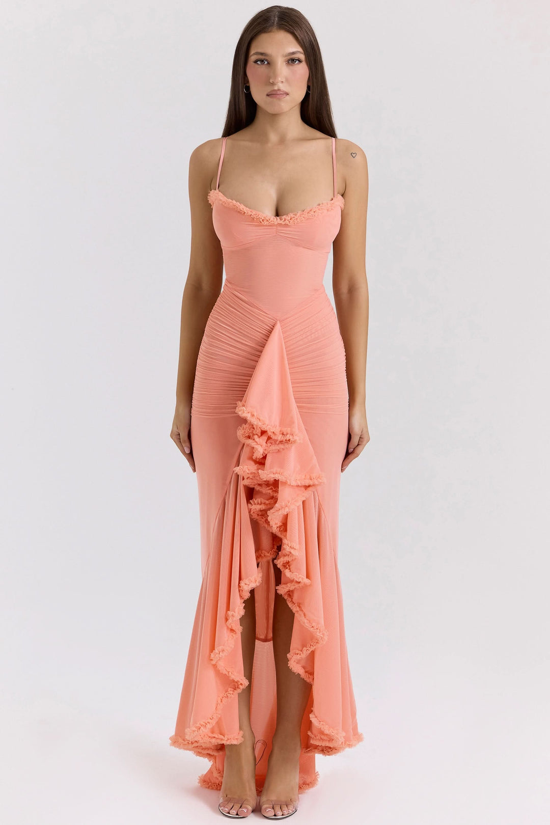 Women's Ruched Maxi Dress with Ruffle Trim and Front Drape