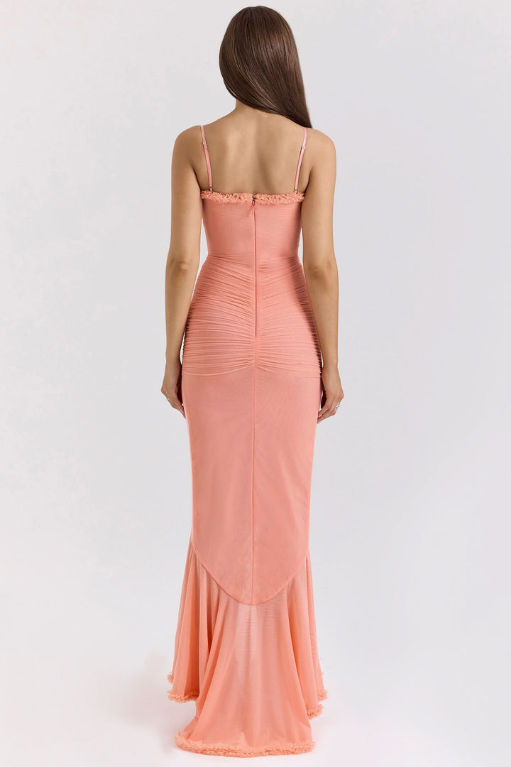 Women's Ruched Maxi Dress with Ruffle Trim and Front Drape