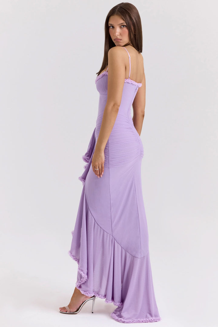 Women's Ruched Maxi Dress with Ruffle Trim and Front Drape