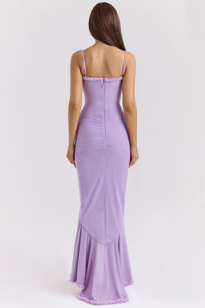 Women's Ruched Maxi Dress with Ruffle Trim and Front Drape