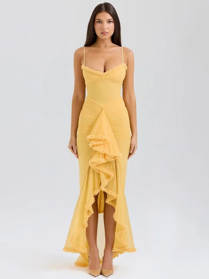 Women's Ruched Maxi Dress with Ruffle Trim and Front Drape