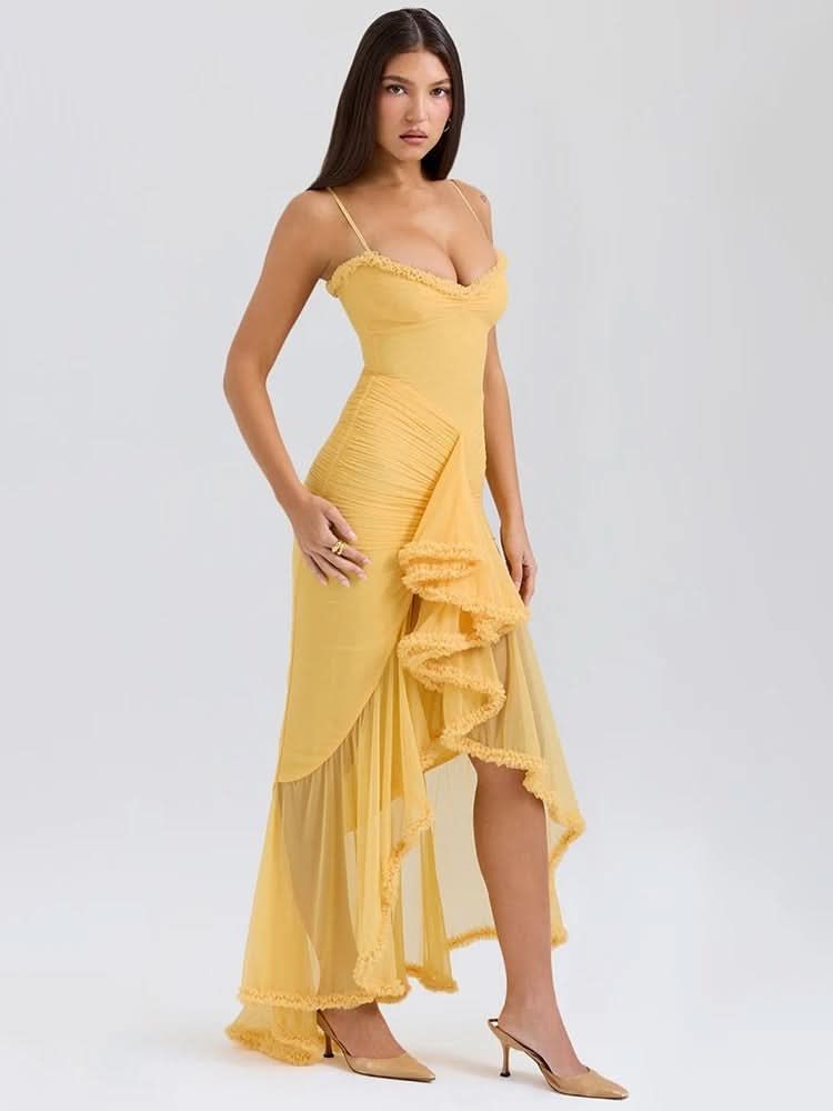 Women's Ruched Maxi Dress with Ruffle Trim and Front Drape