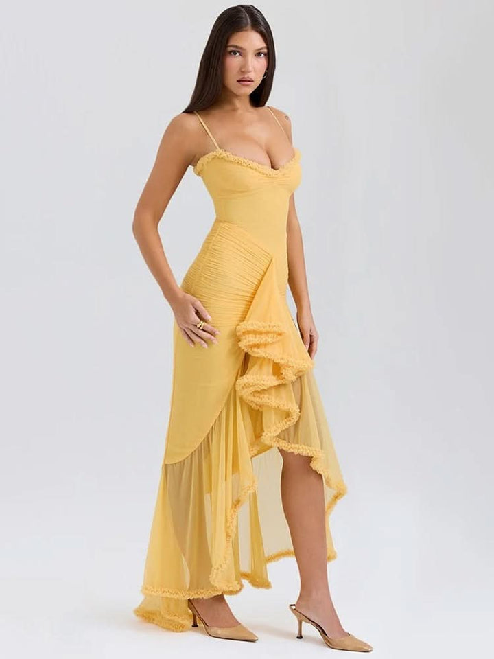 Women's Ruched Maxi Dress with Ruffle Trim and Front Drape