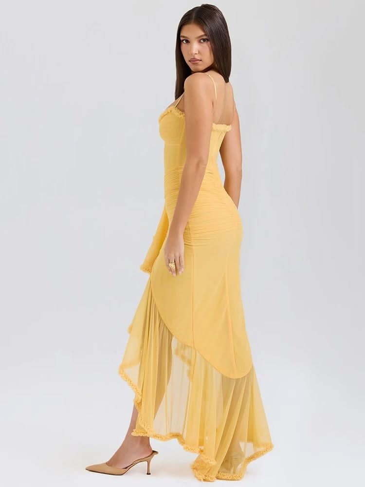 Women's Ruched Maxi Dress with Ruffle Trim and Front Drape