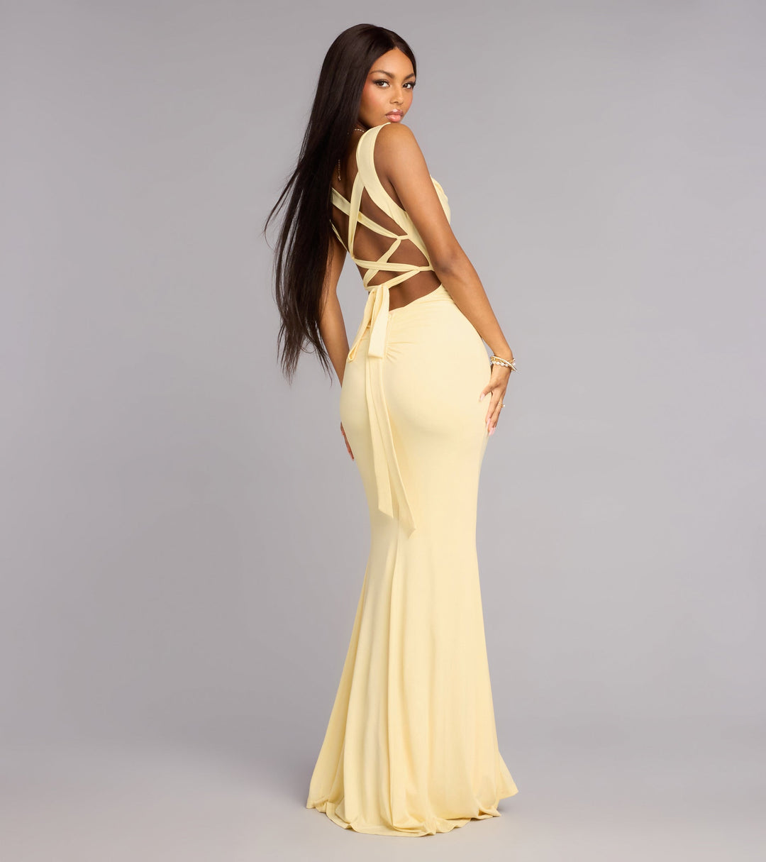 Women's Ruched Maxi Dress with Square Neck and Lace-Up Back