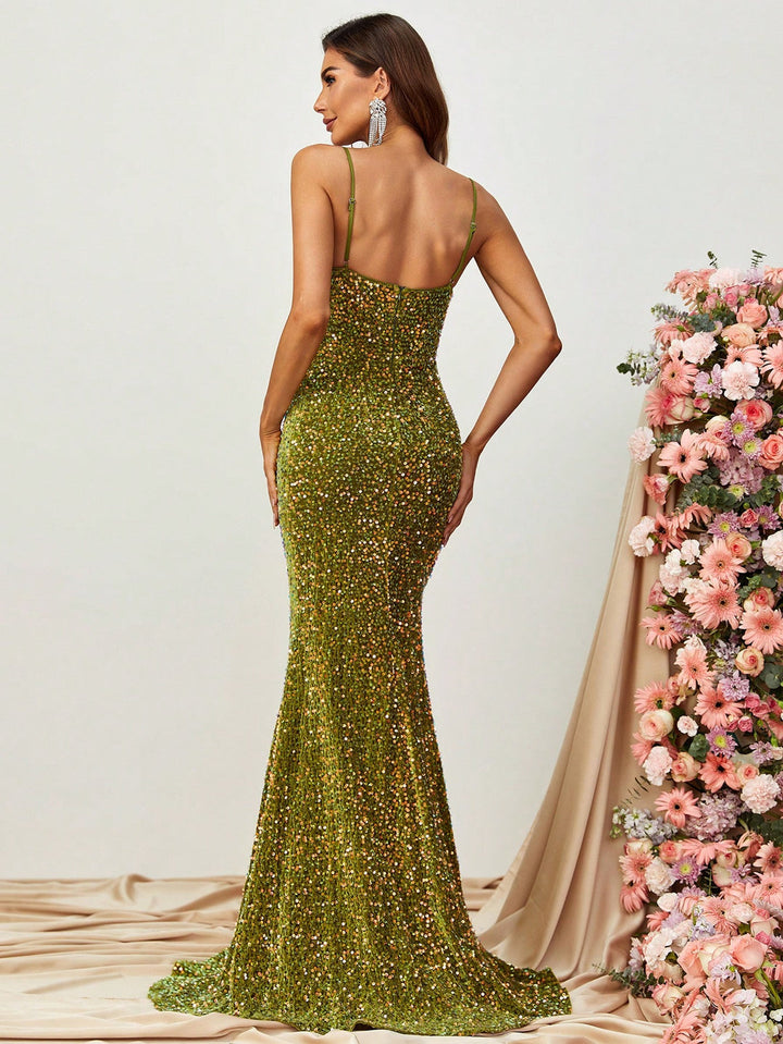 Women's Mermaid Sequin Maxi Dress with Sweetheart Neck and Straps
