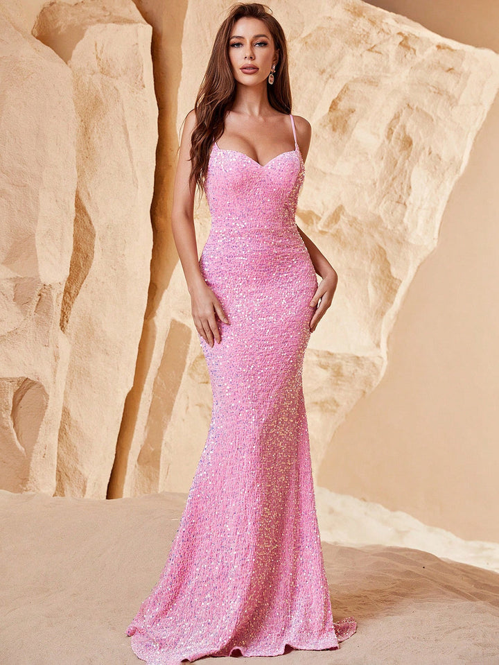 Women's Mermaid Sequin Maxi Dress with Sweetheart Neck and Straps
