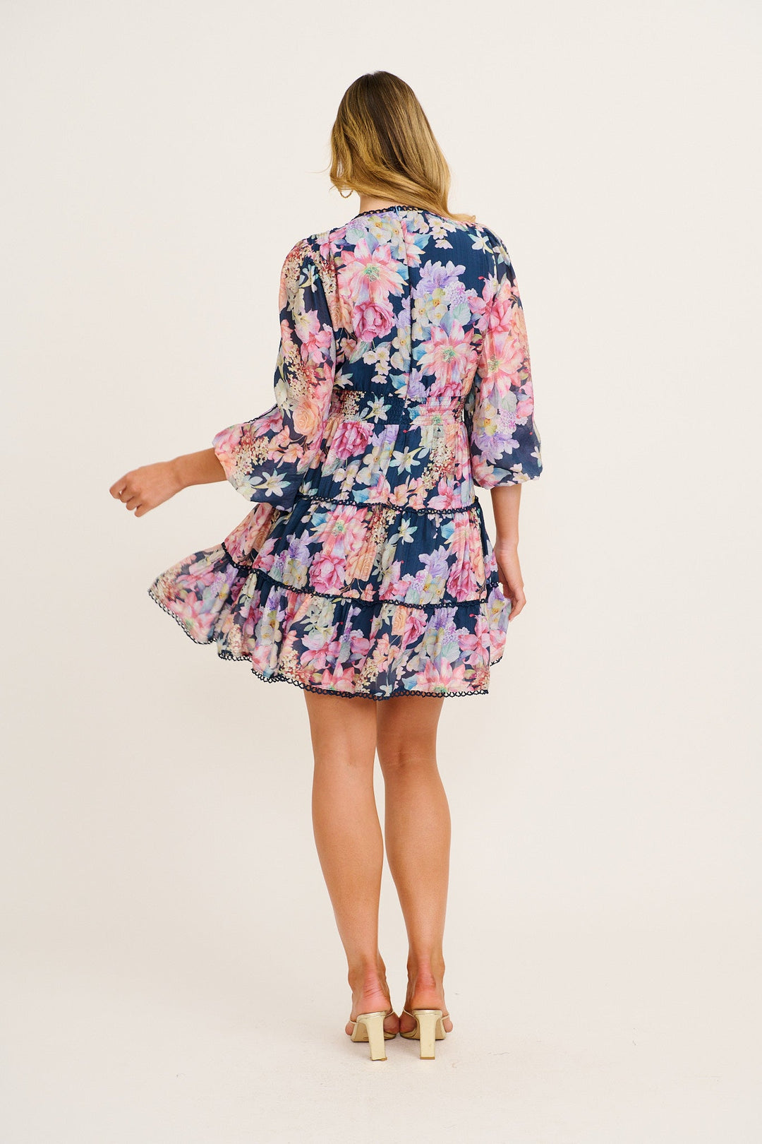 Women's Tiered Floral Mini Dress with Sheer Sleeves