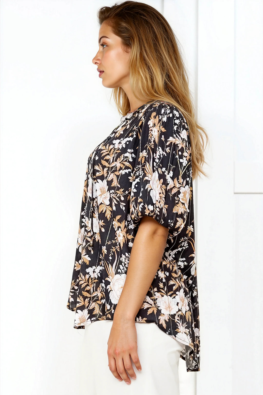 Women’s Short Sleeve Button Front Blouse Floral Print