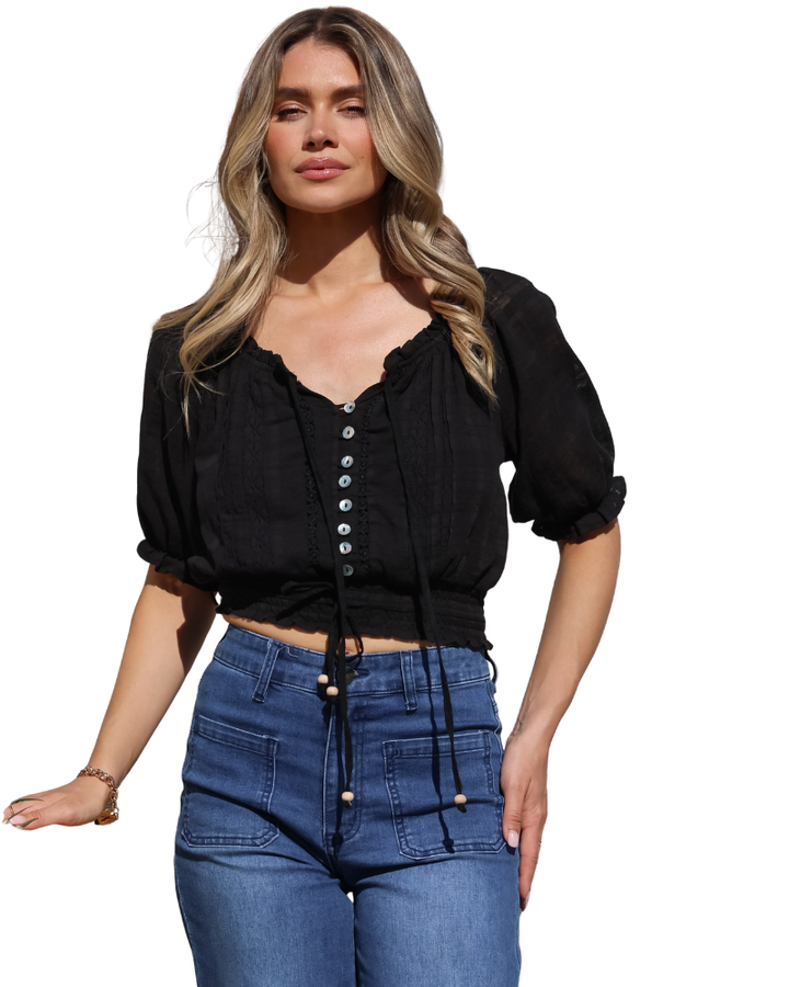 Women’s Short Sleeve Cropped Blouse with Front Button Placket and Drawstring Hem