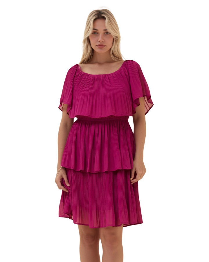 Women’s Short Sleeve Elastic Neckline Tiered Dress