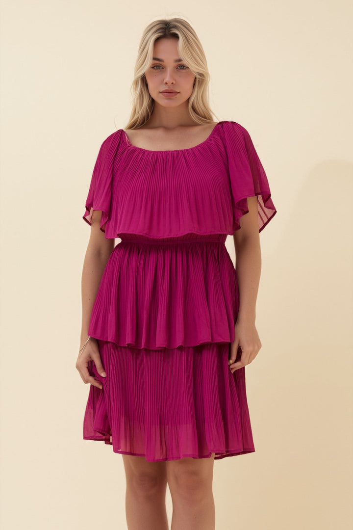Women’s Short Sleeve Elastic Neckline Tiered Dress