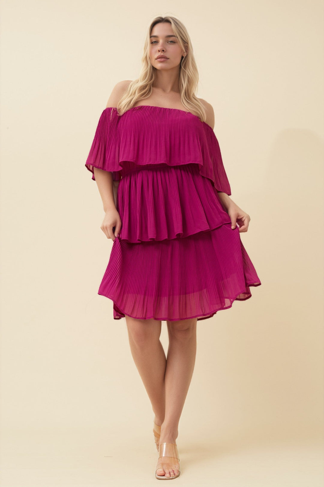 Women’s Short Sleeve Elastic Neckline Tiered Dress