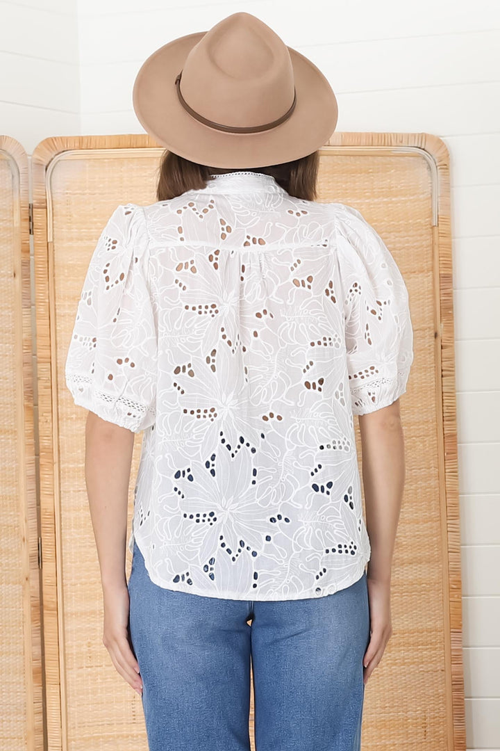 Women’s Short Sleeve V-Neck Blouse with Eyelet Pattern and Front Button Closure