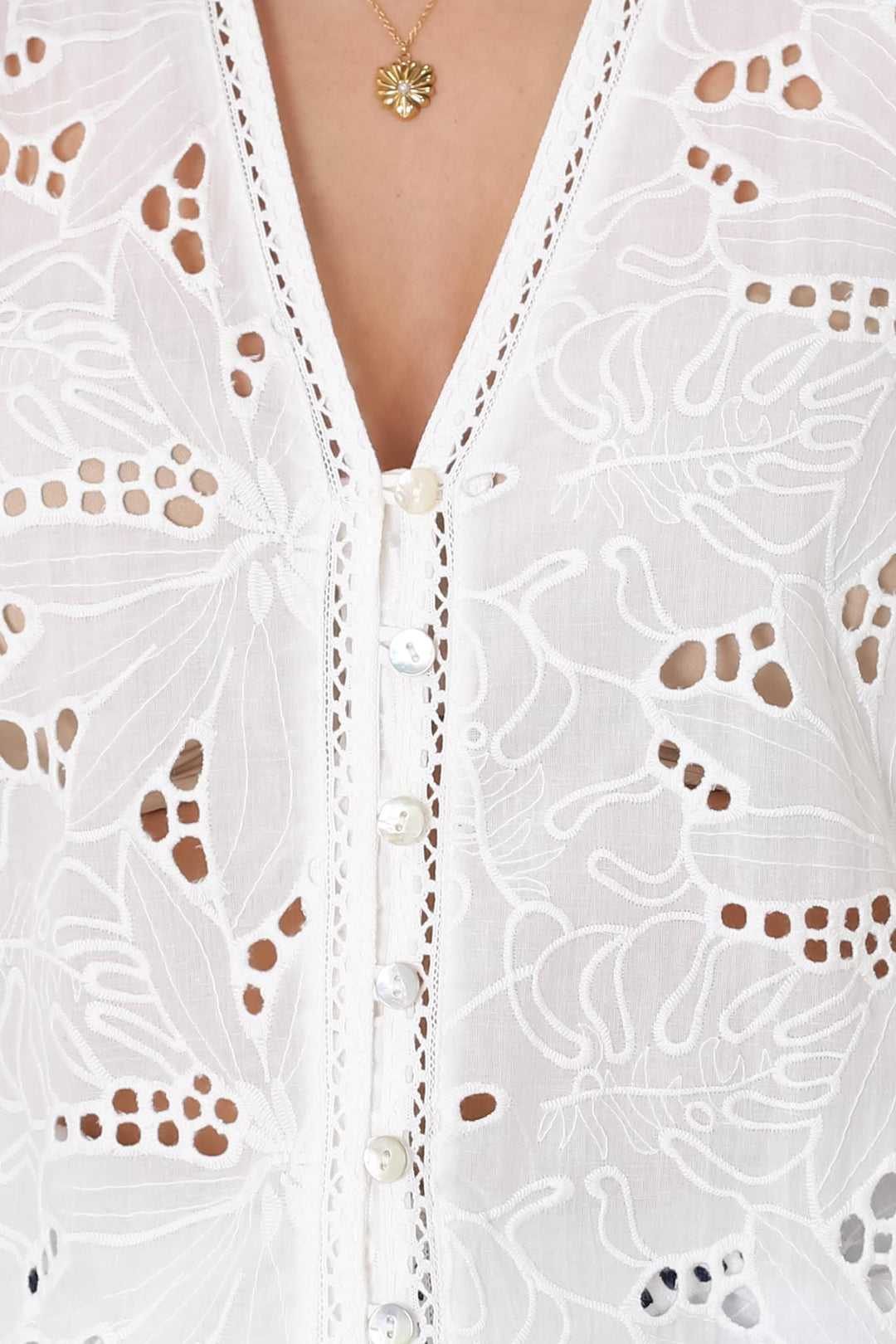 Women’s Short Sleeve V-Neck Blouse with Eyelet Pattern and Front Button Closure