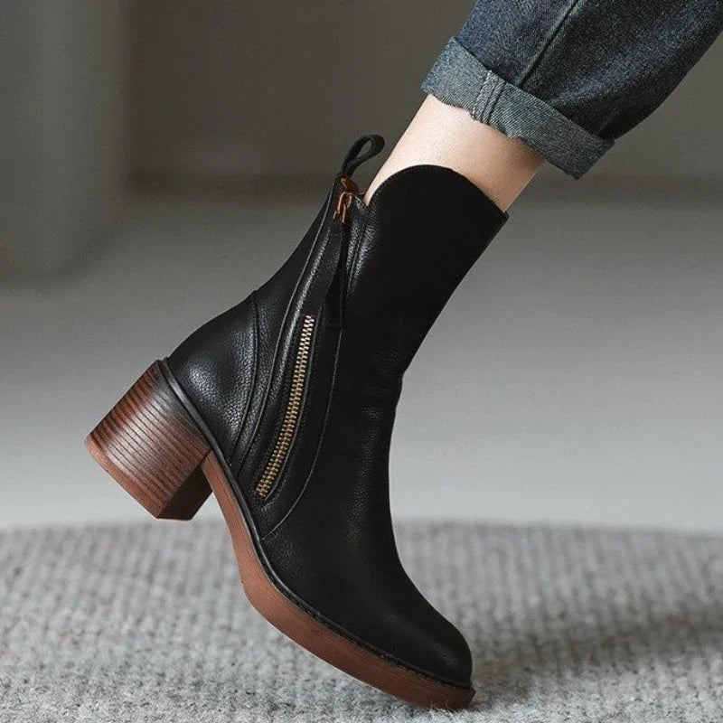 Women’s Side Zip Ankle Boots with Tassel Pull and Block Heel