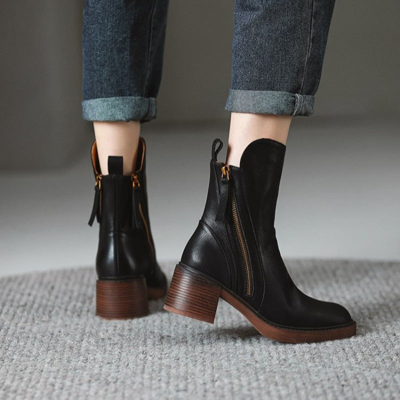Women’s Side Zip Ankle Boots with Tassel Pull and Block Heel