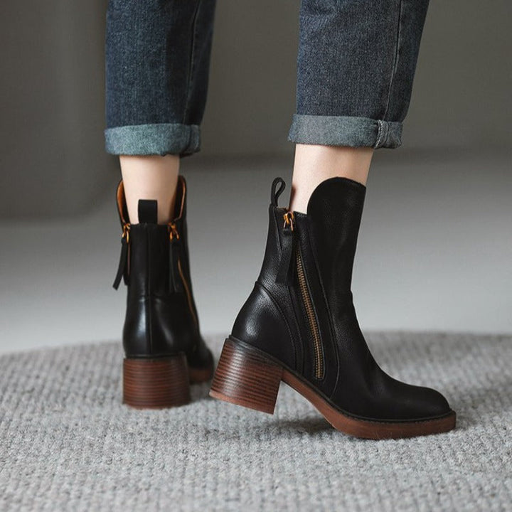 Women’s Side Zip Ankle Boots with Tassel Pull and Block Heel