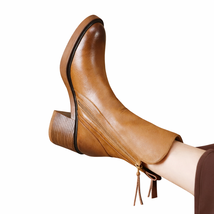 Women’s Side Zip Ankle Boots with Tassel Pull and Block Heel