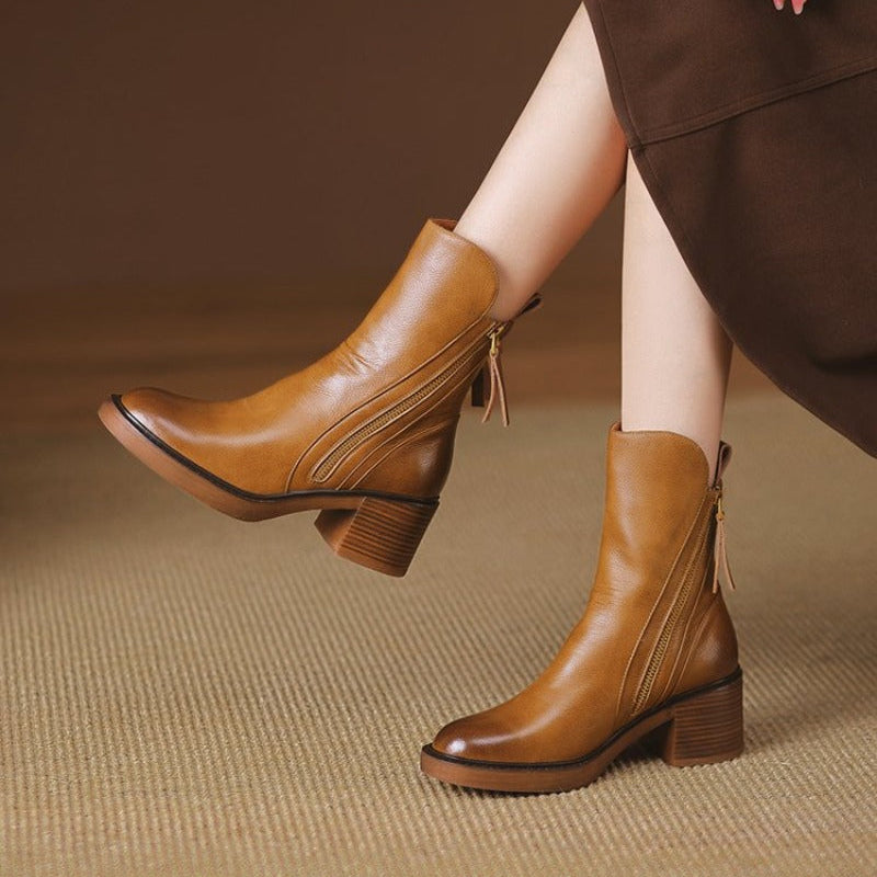 Women’s Side Zip Ankle Boots with Tassel Pull and Block Heel