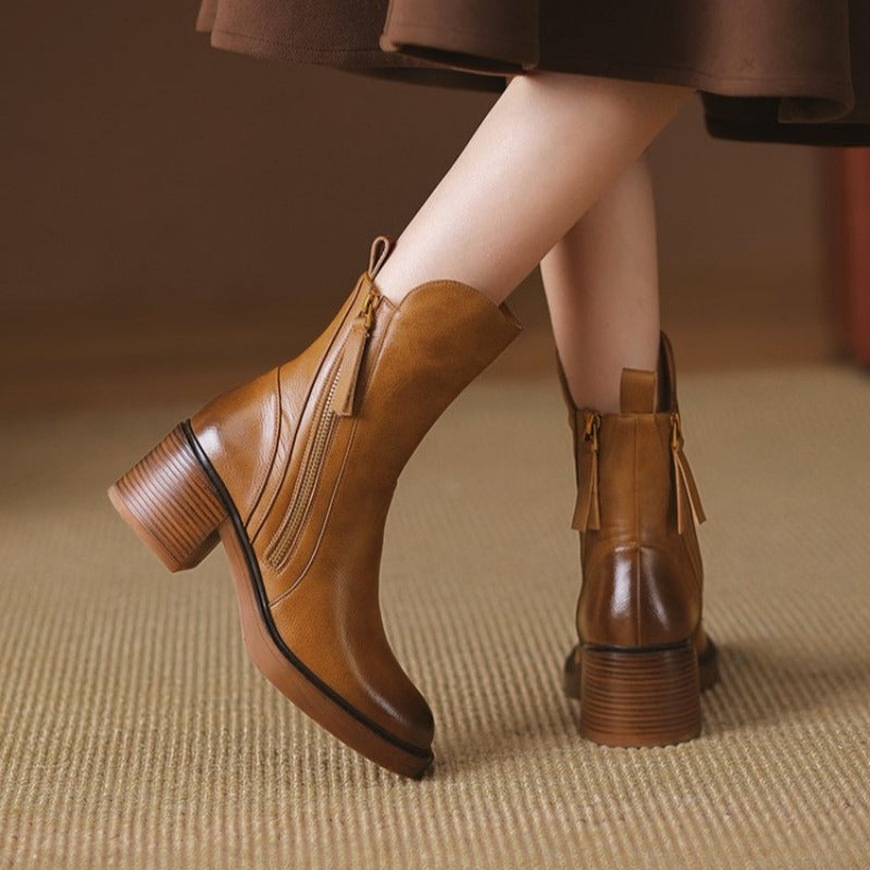 Women’s Side Zip Ankle Boots with Tassel Pull and Block Heel