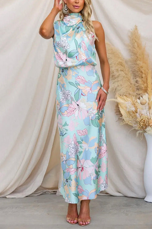 Women’s Sleeveless Floral Maxi Dress with High Neckline and Elasticated Waist