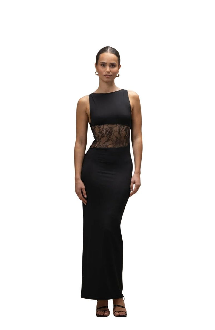 Women's Sleeveless Maxi Dress with Lace Panel and Open Back