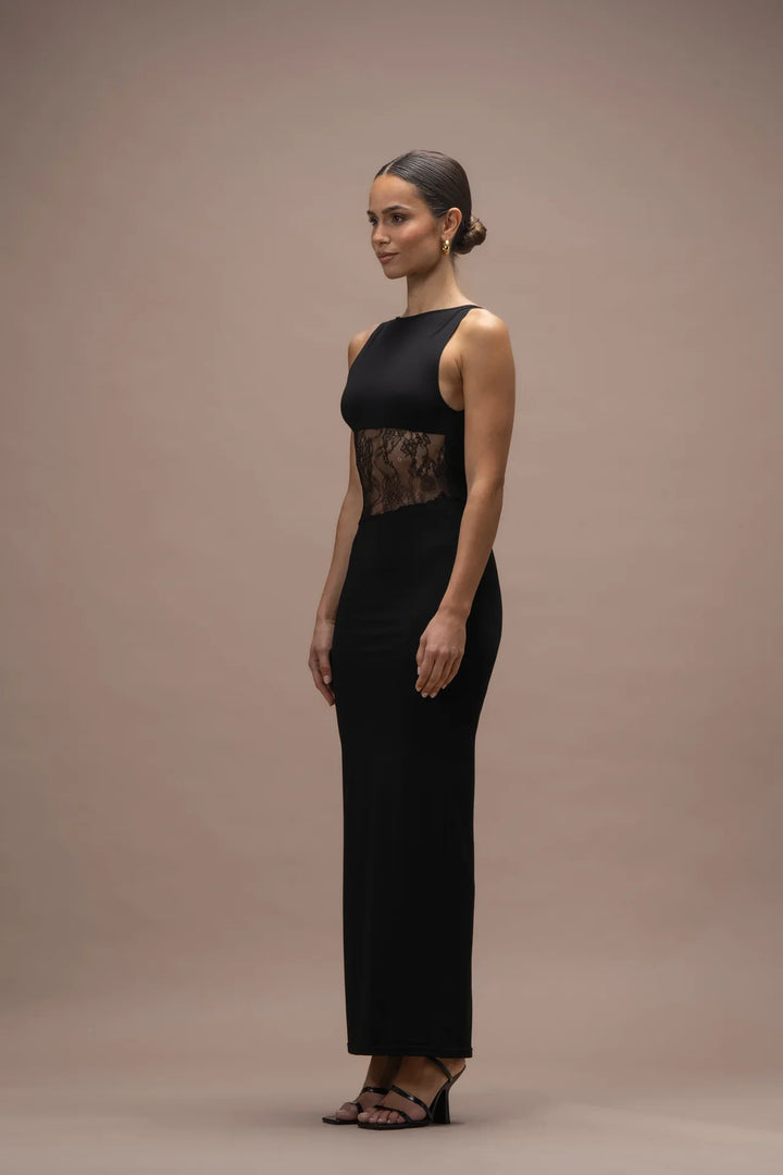 Women's Sleeveless Maxi Dress with Lace Panel and Open Back