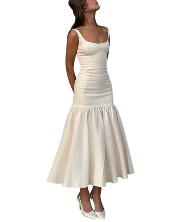 Women’s Sleeveless Midi Dress with Wide Straps and Drop Waist Hem