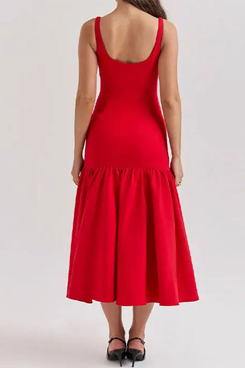 Women’s Sleeveless Midi Dress with Wide Straps and Drop Waist Hem