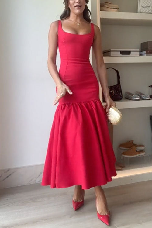 Women’s Sleeveless Midi Dress with Wide Straps and Drop Waist Hem