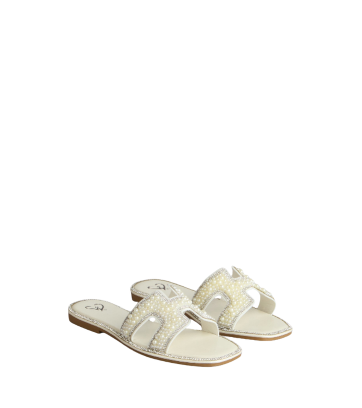 Women's Open Toe Flat Sandals with Pearl H-Strap Upper and Cut-Out