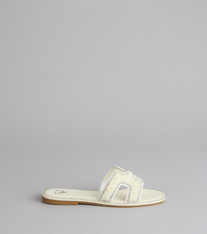 Women's Open Toe Flat Sandals with Pearl H-Strap Upper and Cut-Out