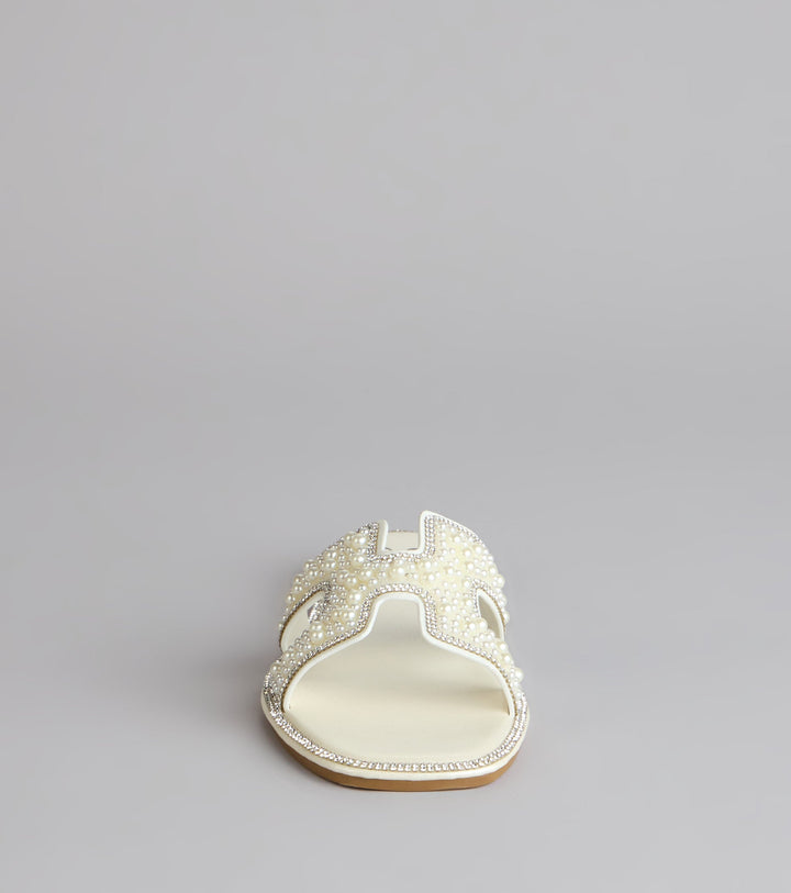 Women's Open Toe Flat Sandals with Pearl H-Strap Upper and Cut-Out