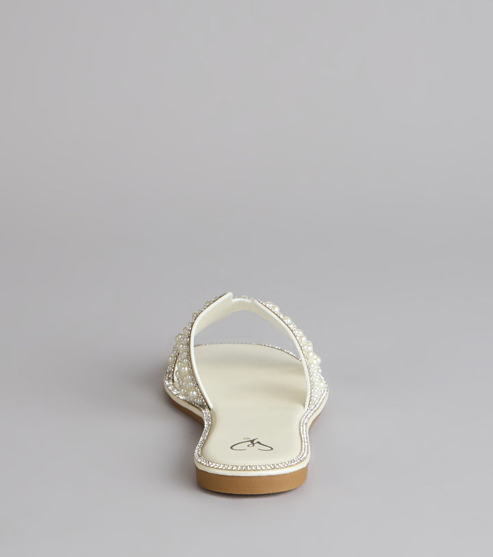 Women's Open Toe Flat Sandals with Pearl H-Strap Upper and Cut-Out